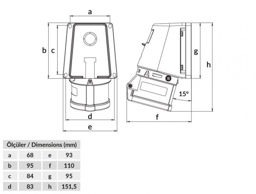 Bemis 5/16A. 90° Eğik Duvar Priz IP44 BC1-1505-2535